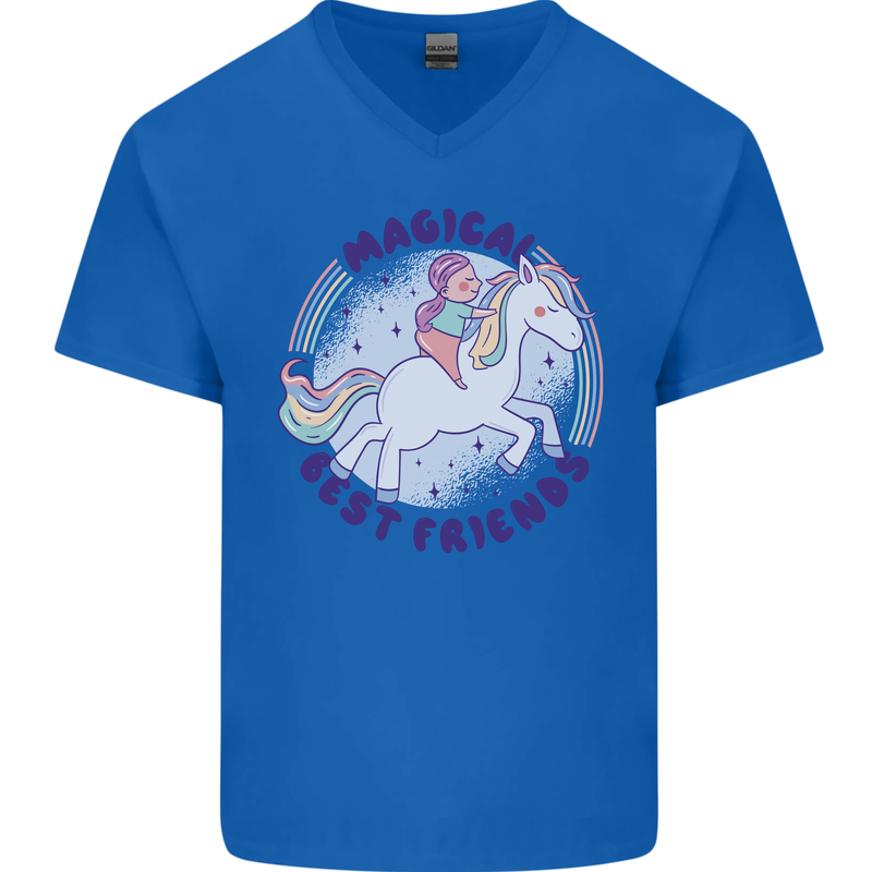 Magical Friends a Girl Riding a Unicorn Mens V-Neck Cotton T-Shirt Royal Blue