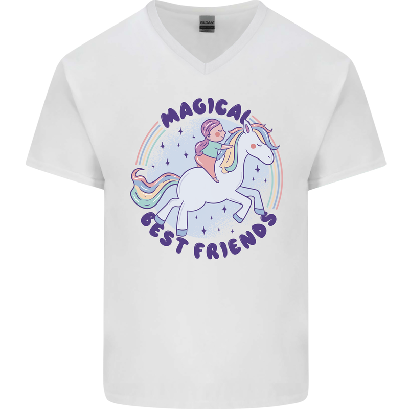 Magical Friends a Girl Riding a Unicorn Mens V-Neck Cotton T-Shirt White