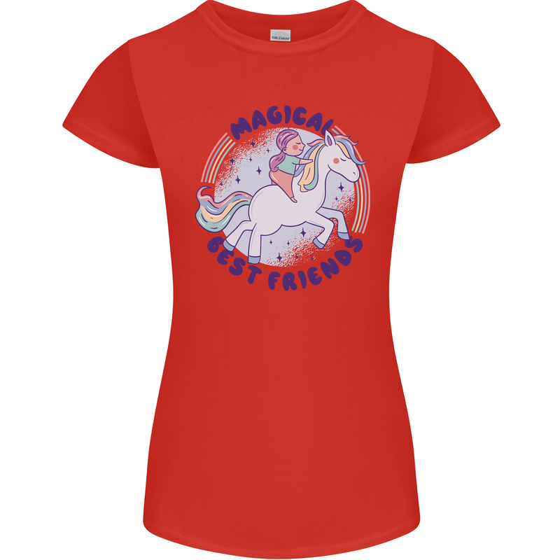 Magical Friends a Girl Riding a Unicorn Womens Petite Cut T-Shirt Red
