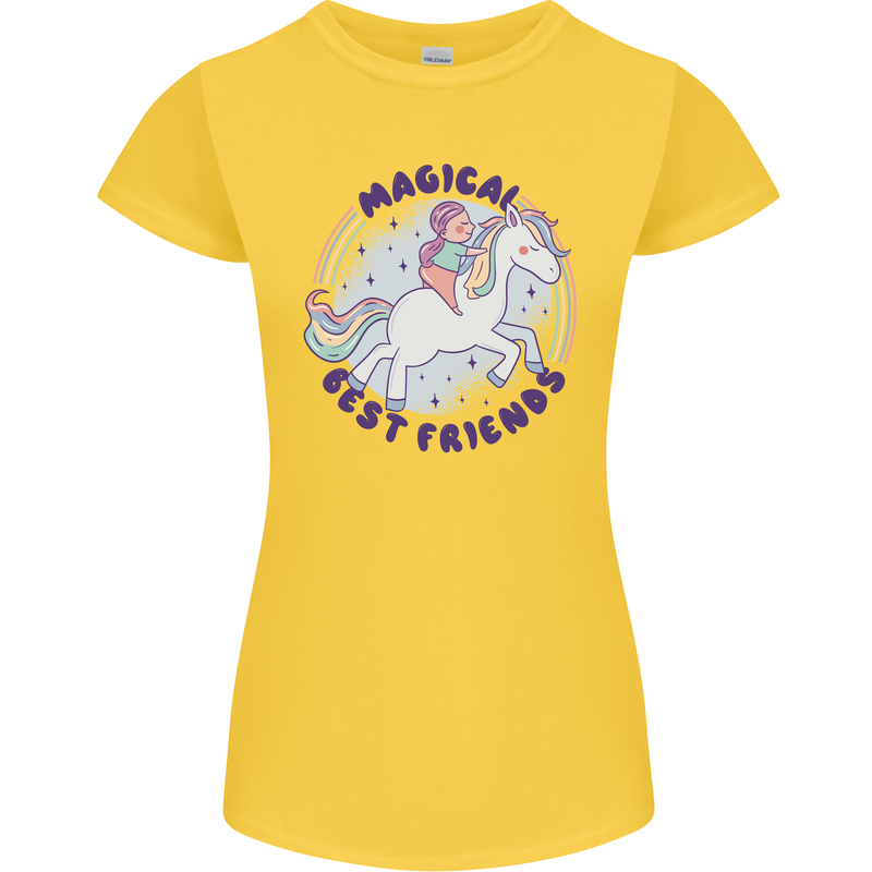 Magical Friends a Girl Riding a Unicorn Womens Petite Cut T-Shirt Yellow