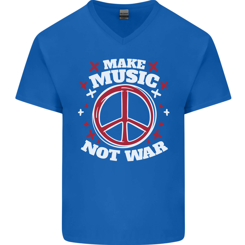 Make Music Not War Peace Hippy Rock Anti-war Mens V-Neck Cotton T-Shirt Royal Blue