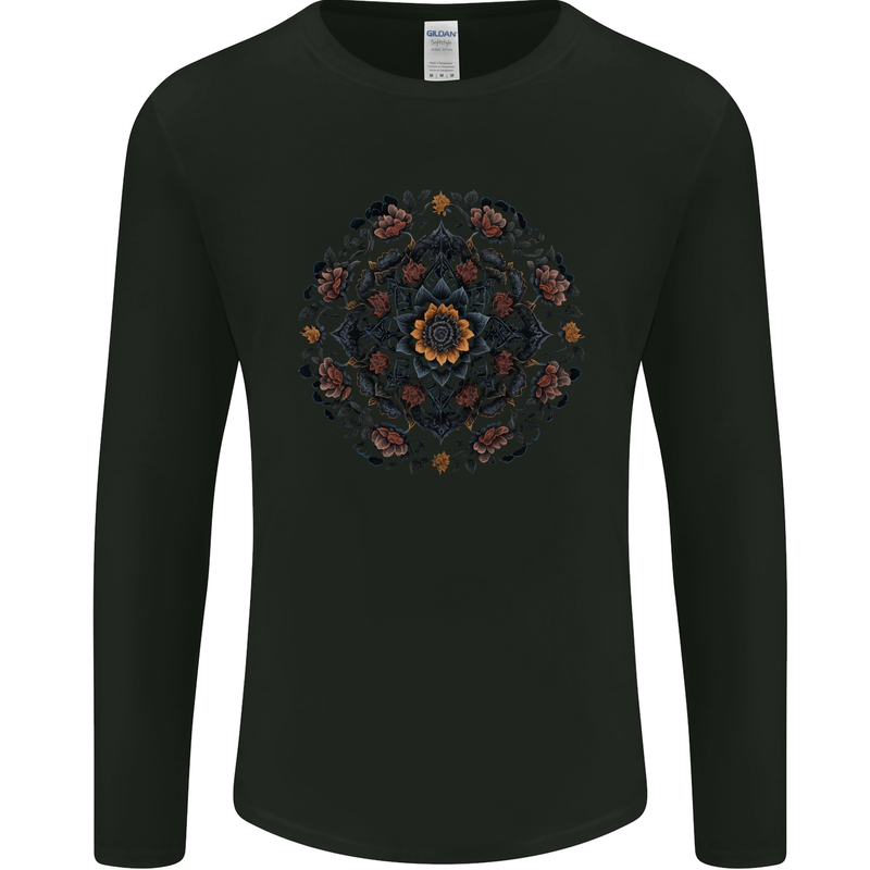 Mandala Flowers Gothic Goth Mens Long Sleeve T-Shirt Black