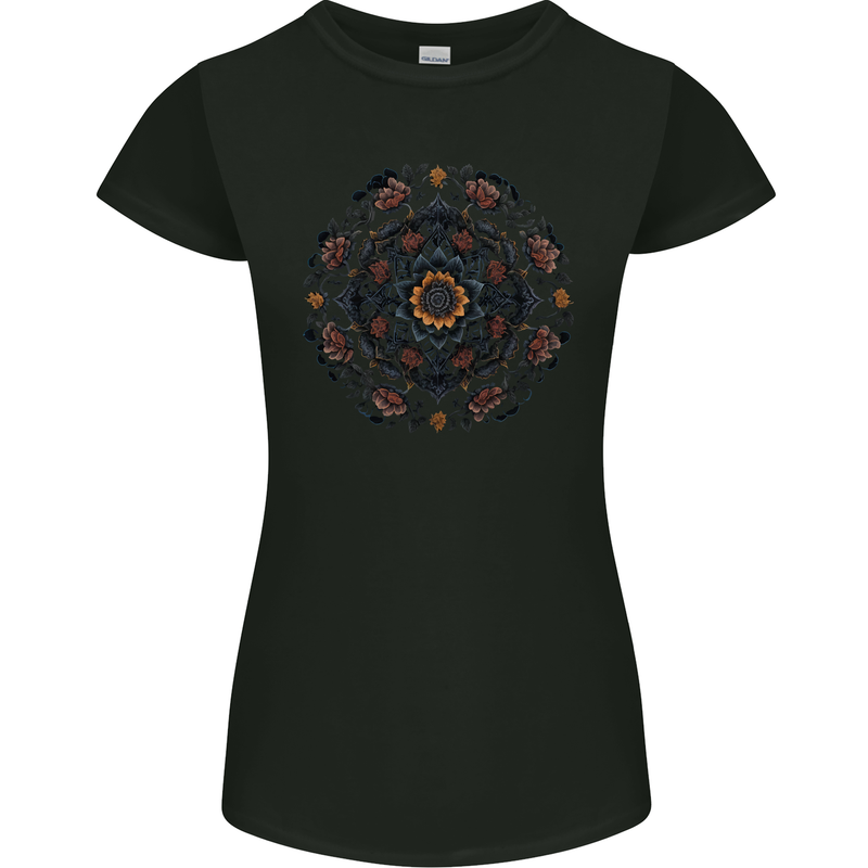 Mandala Flowers Gothic Goth Womens Petite Cut T-Shirt Black
