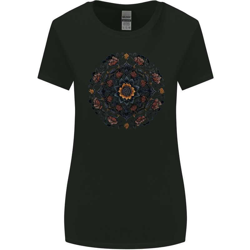 Mandala Flowers Gothic Goth Womens Wider Cut T-Shirt Black