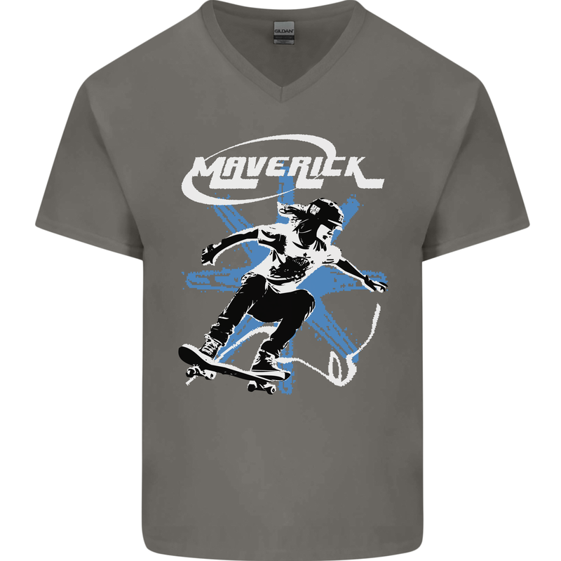 Maverick Skateboarder Skateboard Mens V-Neck Cotton T-Shirt Charcoal