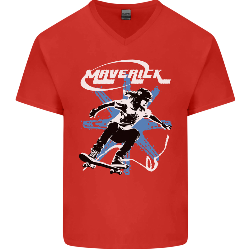 Maverick Skateboarder Skateboard Mens V-Neck Cotton T-Shirt Red