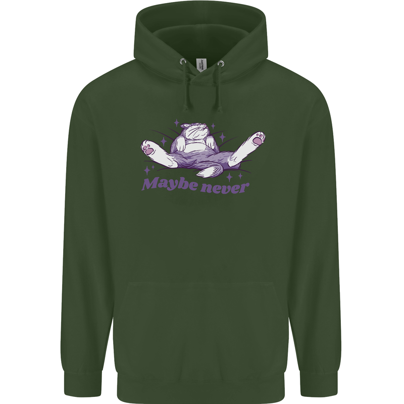 Maybe Never Lazy Cat Sleeping Childrens Kids Hoodie Forest Green