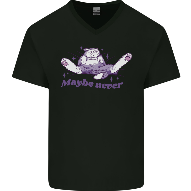 Maybe Never Lazy Cat Sleeping Mens V-Neck Cotton T-Shirt Black