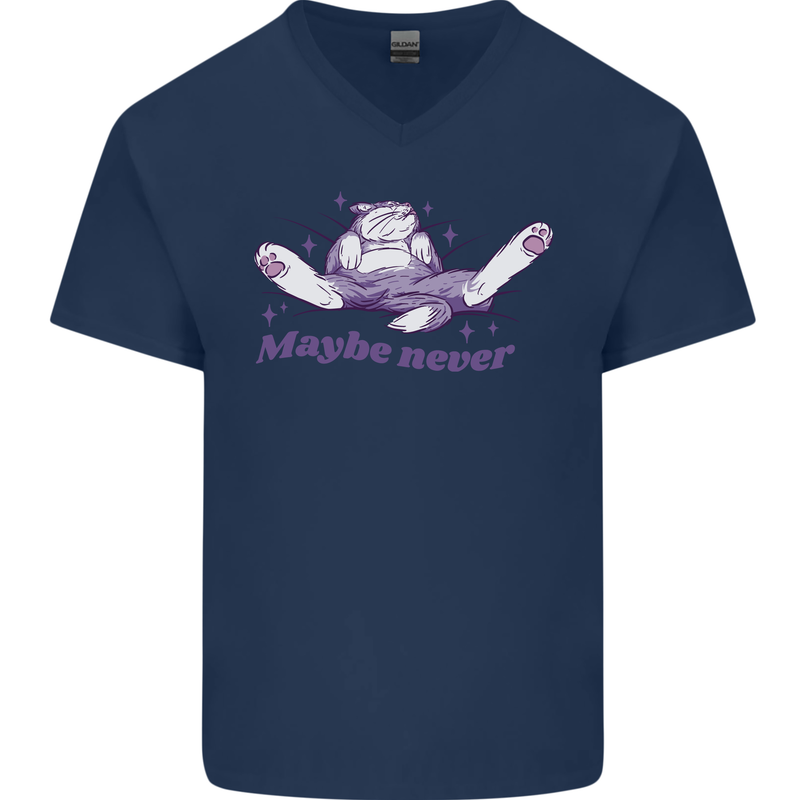 Maybe Never Lazy Cat Sleeping Mens V-Neck Cotton T-Shirt Navy Blue
