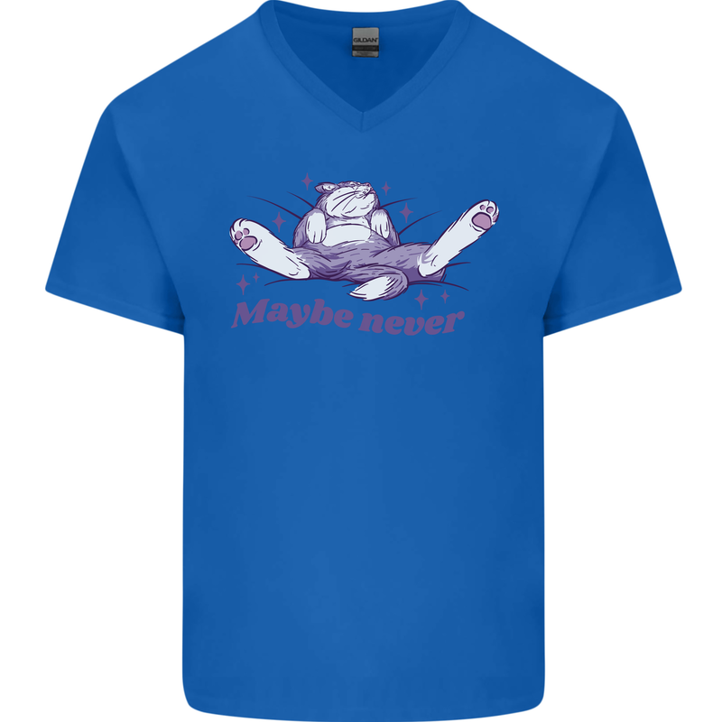 Maybe Never Lazy Cat Sleeping Mens V-Neck Cotton T-Shirt Royal Blue