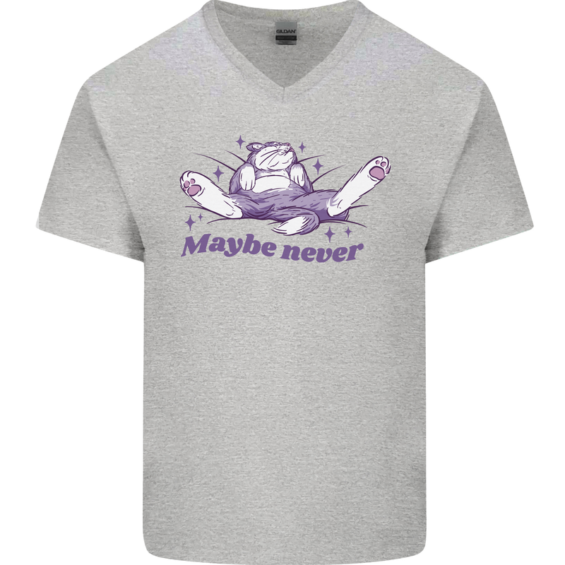 Maybe Never Lazy Cat Sleeping Mens V-Neck Cotton T-Shirt Sports Grey