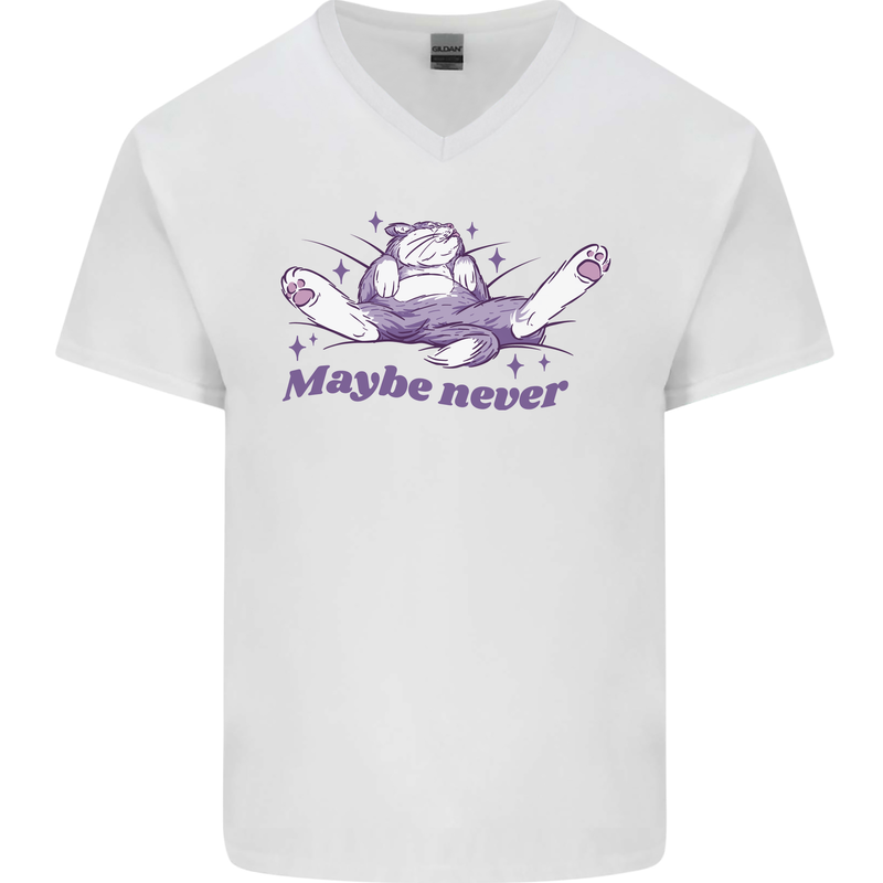 Maybe Never Lazy Cat Sleeping Mens V-Neck Cotton T-Shirt White