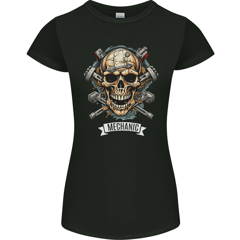 Mechanic Skull Biker Motorbike, Motorcycle, Womens Petite Cut T-Shirt Black