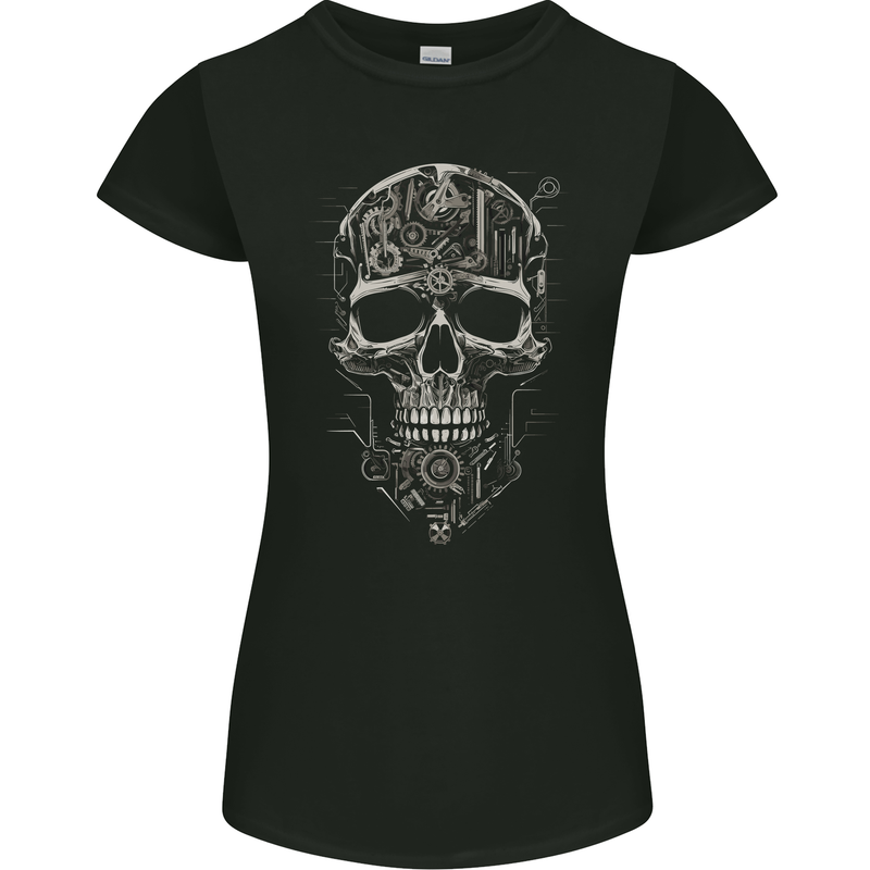 Mechanical Skull Clock Watch Mechanic Engineer Womens Petite Cut T-Shirt Black