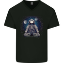 Meditating Astronaut Yoga Space Planets Mens V-Neck Cotton T-Shirt Black