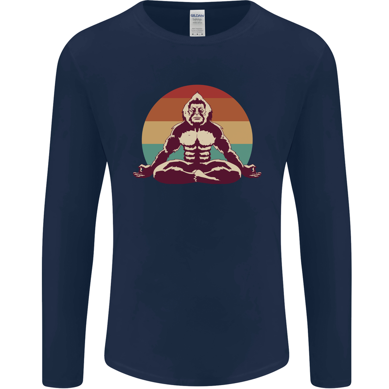 Meditating Bigfoot Yoga Mens Long Sleeve T-Shirt Navy Blue