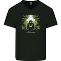Meditating Monkey Spiritual Yoga Mens V-Neck Cotton T-Shirt Black