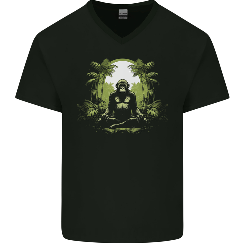 Meditating Monkey Spiritual Yoga Mens V-Neck Cotton T-Shirt Black