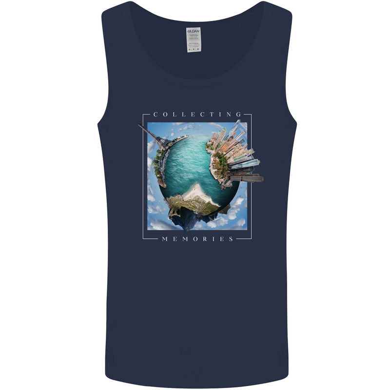 Memories World Travel Traveller Travelling Map Mens Vest Tank Top Navy Blue