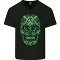 Mental Health Awareness Skull Green Ribbon Mens V-Neck Cotton T-Shirt Black