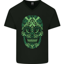 Mental Health Awareness Skull Green Ribbon Mens V-Neck Cotton T-Shirt Black