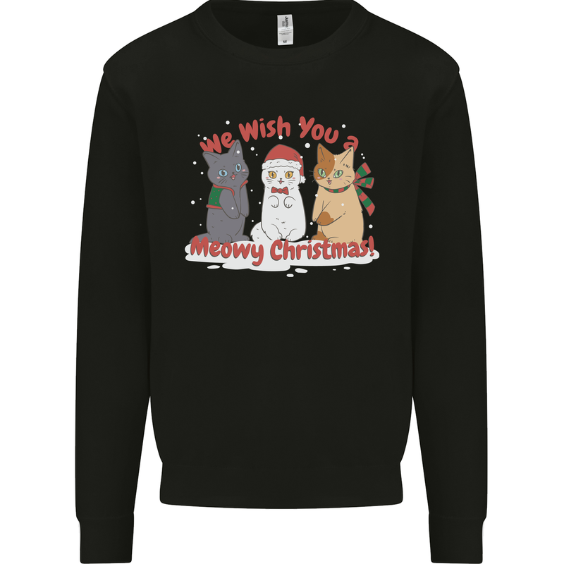 Meowy Christmas Funny Xmas Cat Kids Sweatshirt Jumper Black