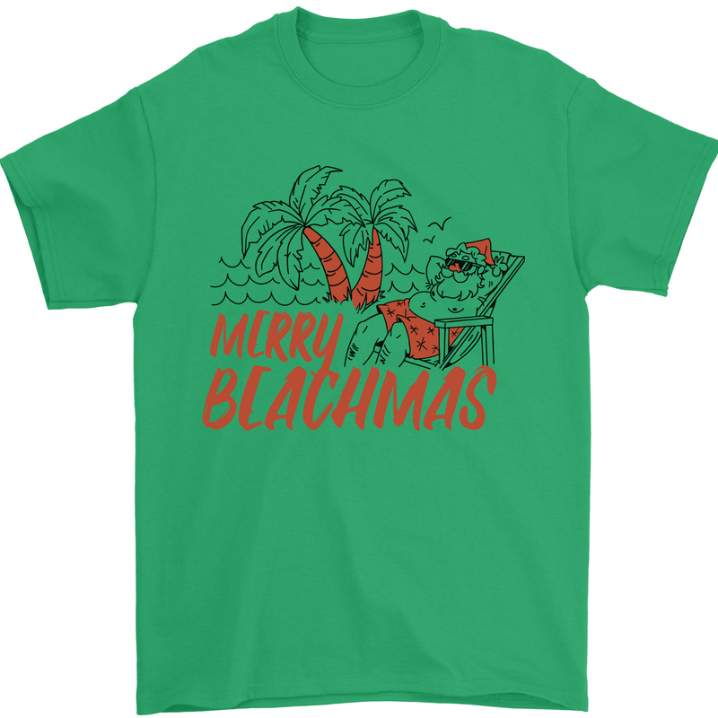 Merry Beachmas Funny Summer Santa Claus Mens T-Shirt 100% Cotton Irish Green