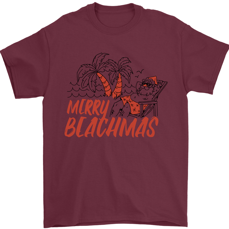 Merry Beachmas Funny Summer Santa Claus Mens T-Shirt 100% Cotton Maroon