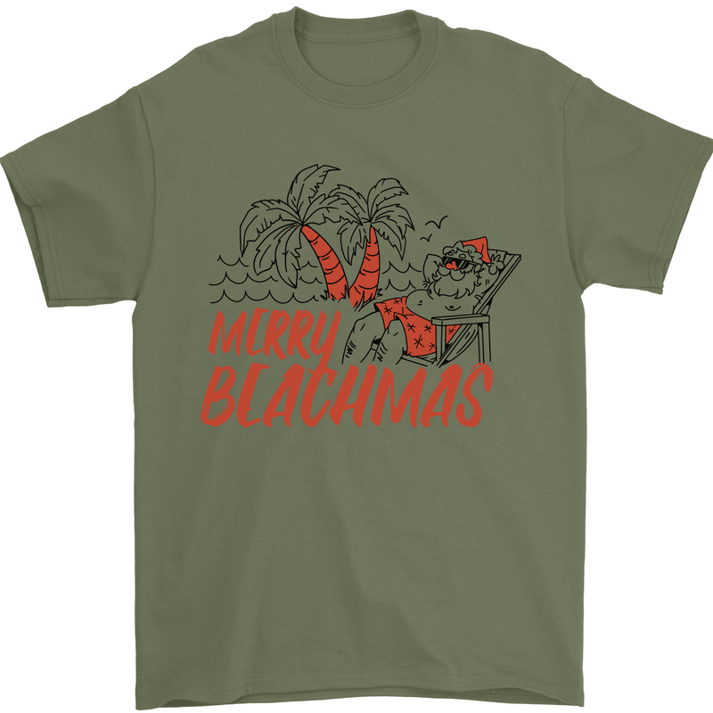 Merry Beachmas Funny Summer Santa Claus Mens T-Shirt 100% Cotton Military Green