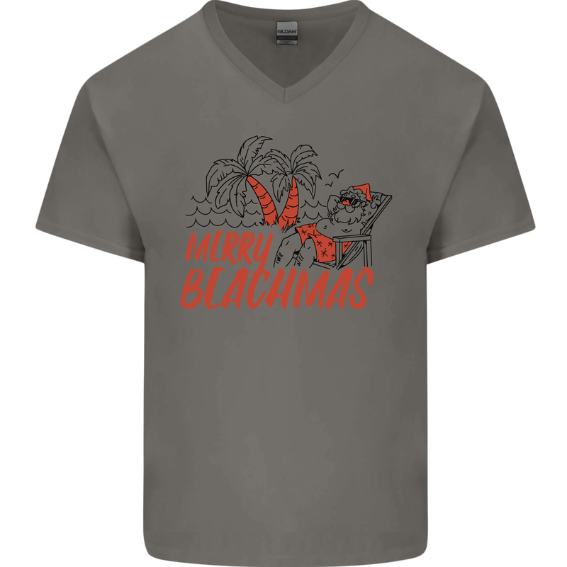 Merry Beachmas Funny Summer Santa Claus Mens V-Neck Cotton T-Shirt Charcoal