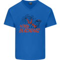 Merry Beachmas Funny Summer Santa Claus Mens V-Neck Cotton T-Shirt Royal Blue