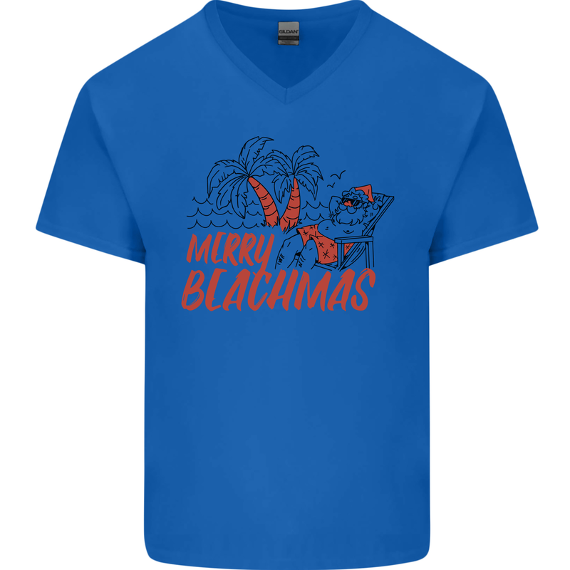 Merry Beachmas Funny Summer Santa Claus Mens V-Neck Cotton T-Shirt Royal Blue