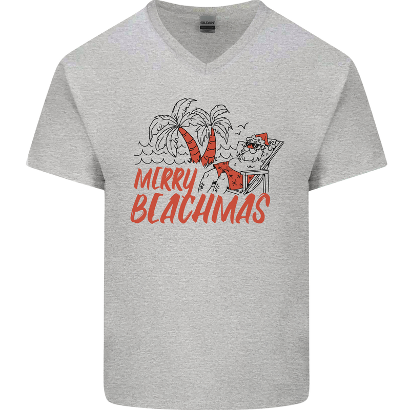 Merry Beachmas Funny Summer Santa Claus Mens V-Neck Cotton T-Shirt Sports Grey