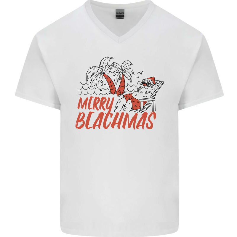 Merry Beachmas Funny Summer Santa Claus Mens V-Neck Cotton T-Shirt White