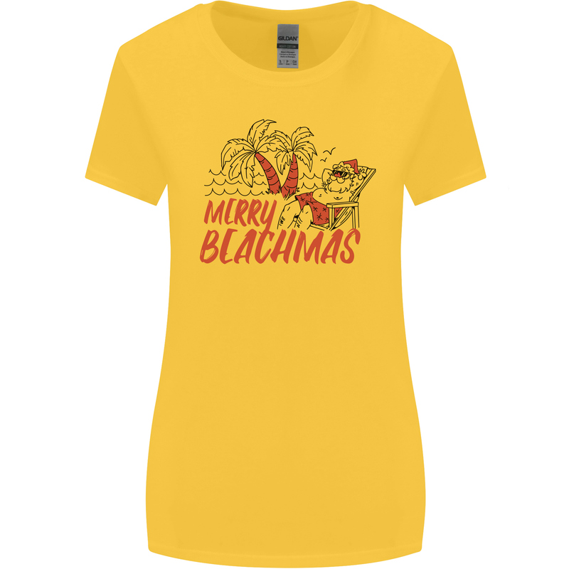 Merry Beachmas Funny Summer Santa Claus Womens Wider Cut T-Shirt Yellow