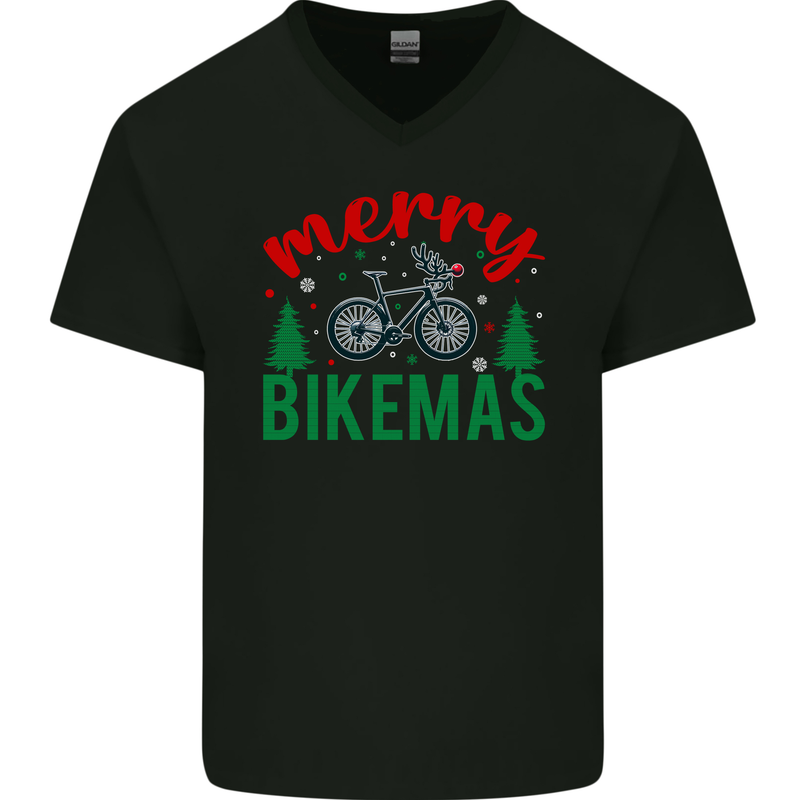 Merry Bikemass Funny Cycling Bicycle Xmas Bike Mens V-Neck Cotton T-Shirt Black