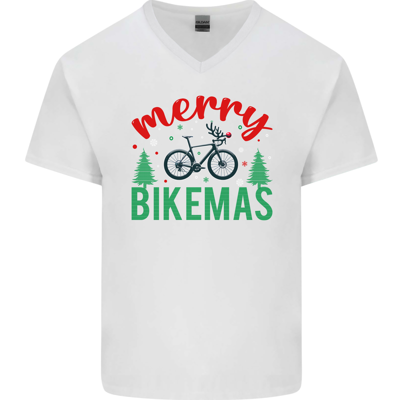 Merry Bikemass Funny Cycling Bicycle Xmas Bike Mens V-Neck Cotton T-Shirt White