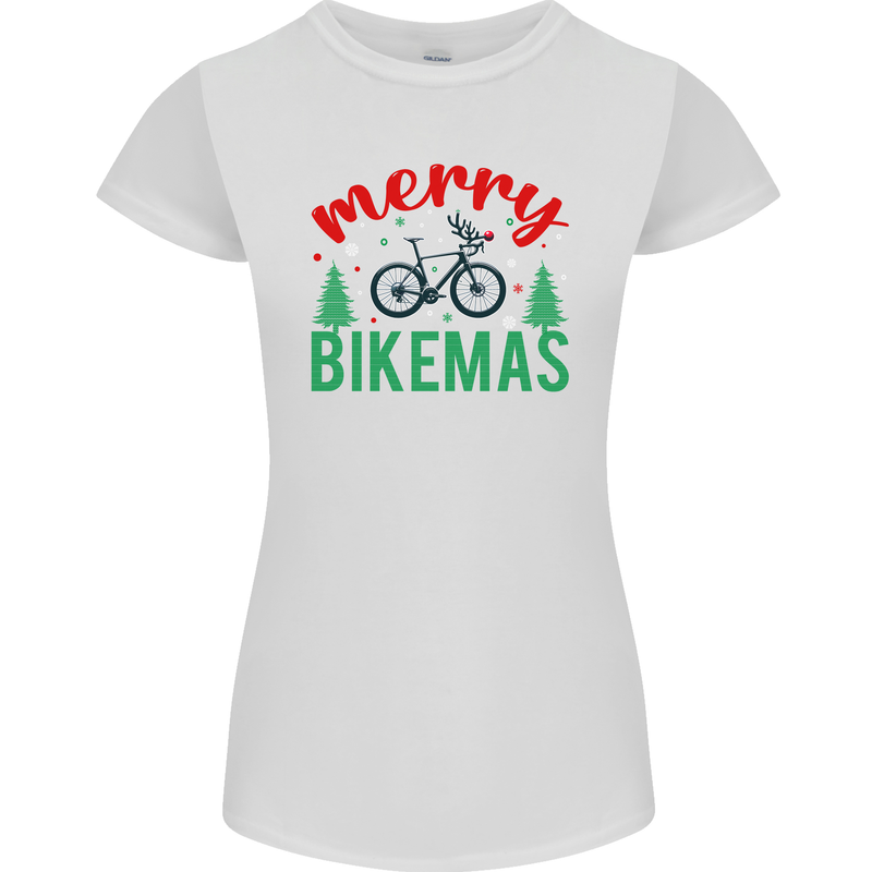 Merry Bikemass Funny Cycling Bicycle Xmas Bike Womens Petite Cut T-Shirt White
