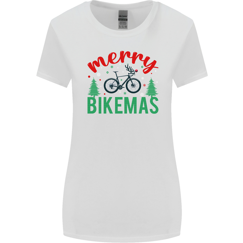 Merry Bikemass Funny Cycling Bicycle Xmas Bike Womens Wider Cut T-Shirt White