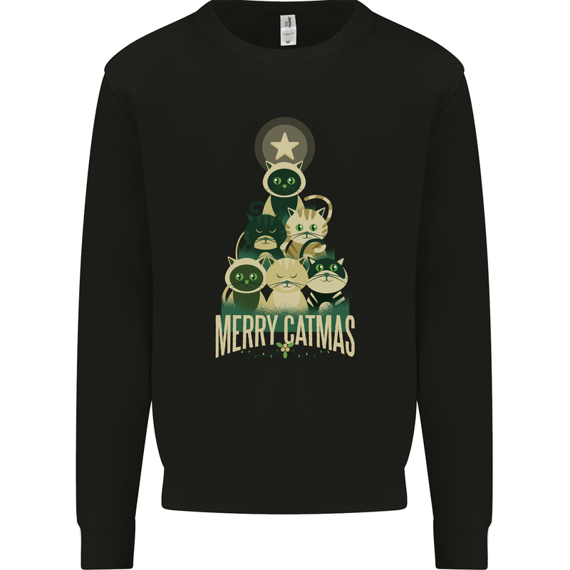 Merry Catmas Funny Cats Forming Xmas Tree Kids Sweatshirt Jumper Black