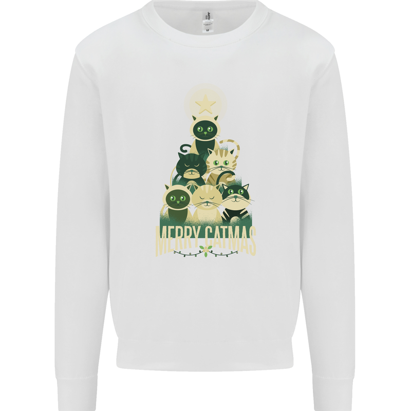 Merry Catmas Funny Cats Forming Xmas Tree Kids Sweatshirt Jumper White