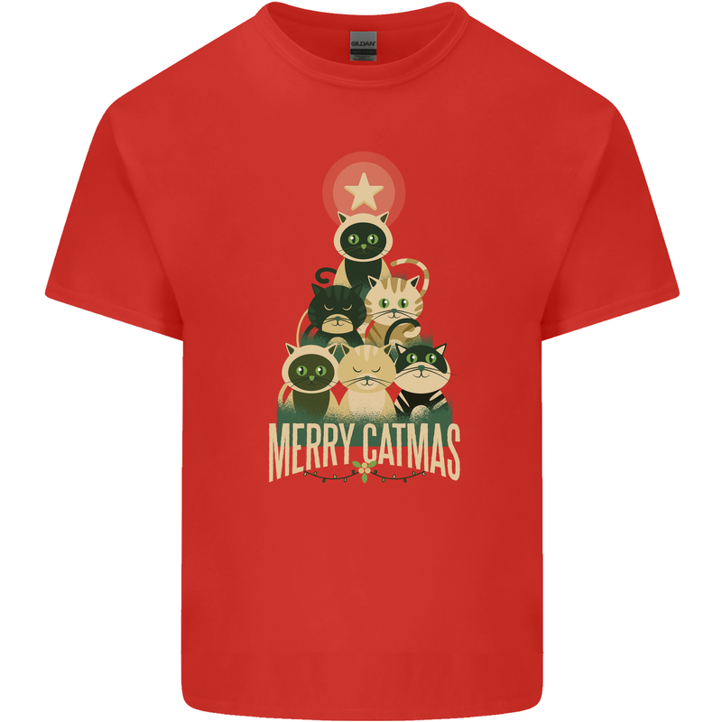 Merry Catmas Funny Cats Forming Xmas Tree Mens Cotton T-Shirt Tee Top Red
