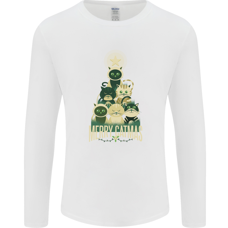 Merry Catmas Funny Cats Forming Xmas Tree Mens Long Sleeve T-Shirt White