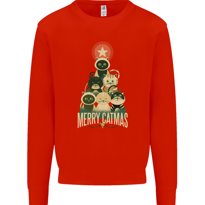 Merry Catmas Funny Cats Forming Xmas Tree Mens Sweatshirt Jumper Bright Red