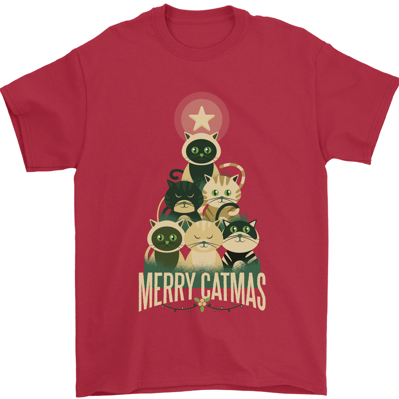 Merry Catmas Funny Cats Forming Xmas Tree Mens T-Shirt 100% Cotton Red