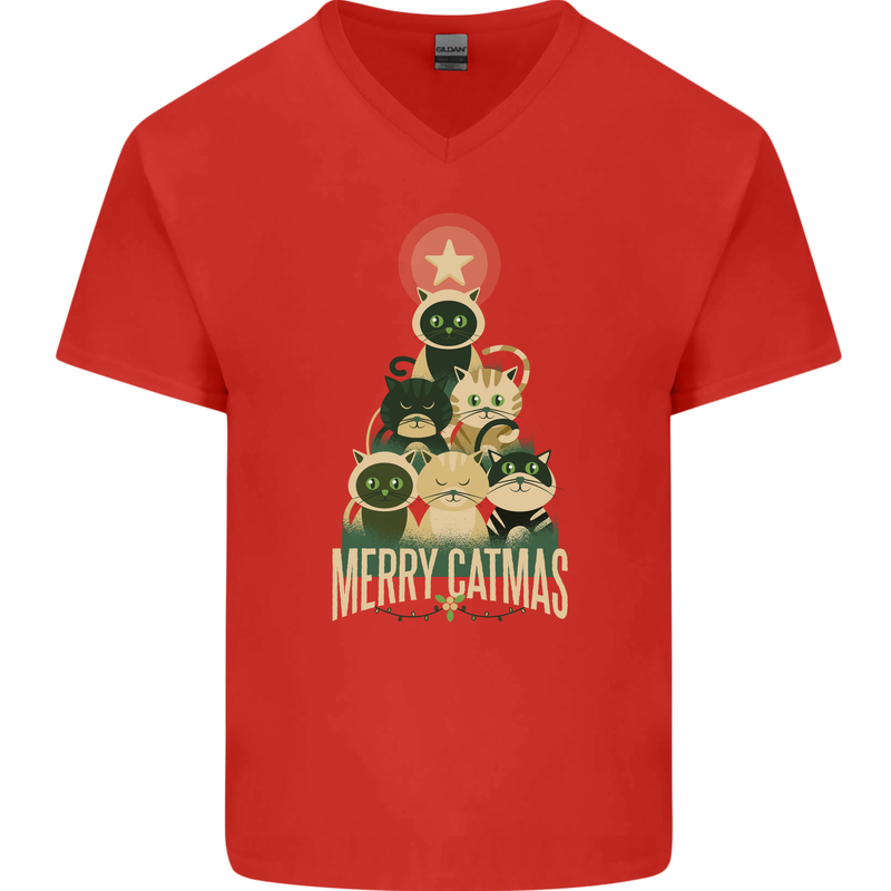 Merry Catmas Funny Cats Forming Xmas Tree Mens V-Neck Cotton T-Shirt Red