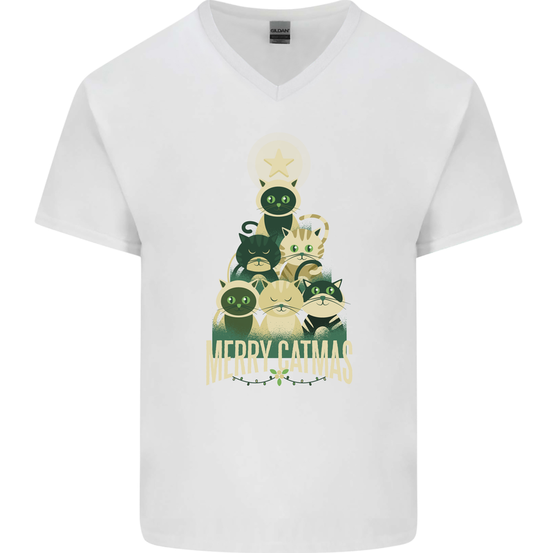 Merry Catmas Funny Cats Forming Xmas Tree Mens V-Neck Cotton T-Shirt White