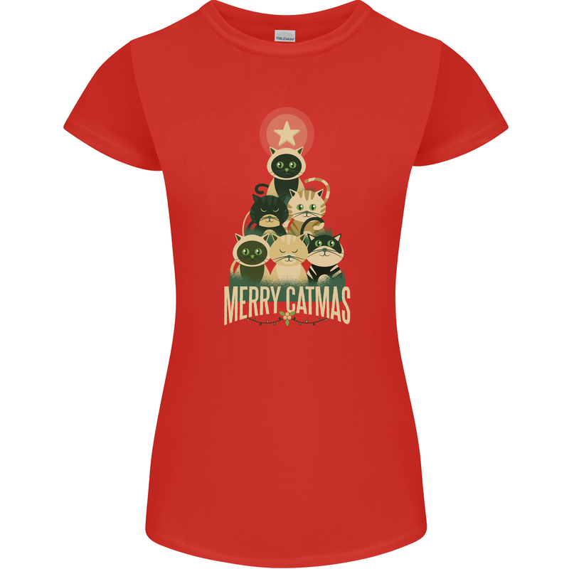 Merry Catmas Funny Cats Forming Xmas Tree Womens Petite Cut T-Shirt Red