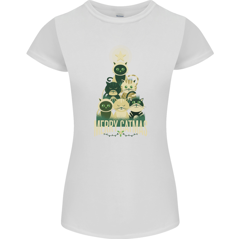 Merry Catmas Funny Cats Forming Xmas Tree Womens Petite Cut T-Shirt White