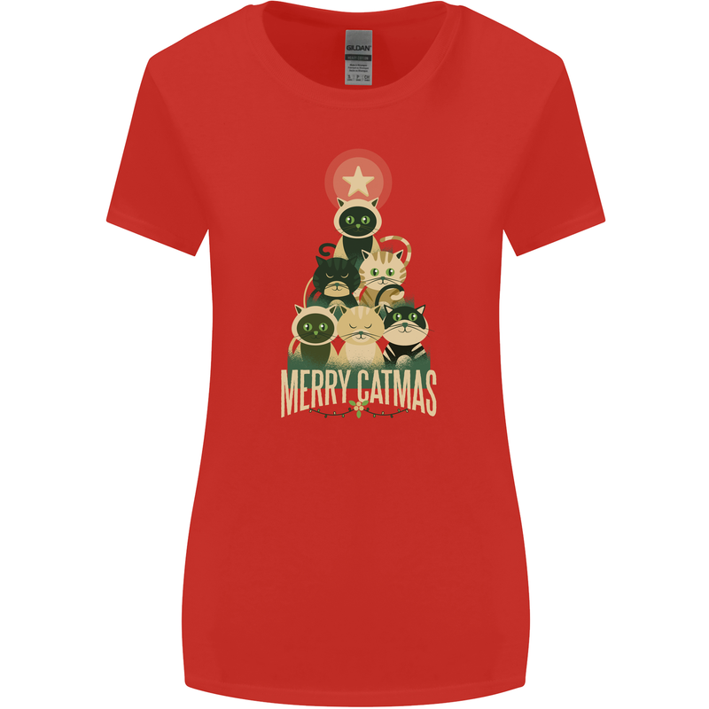 Merry Catmas Funny Cats Forming Xmas Tree Womens Wider Cut T-Shirt Red
